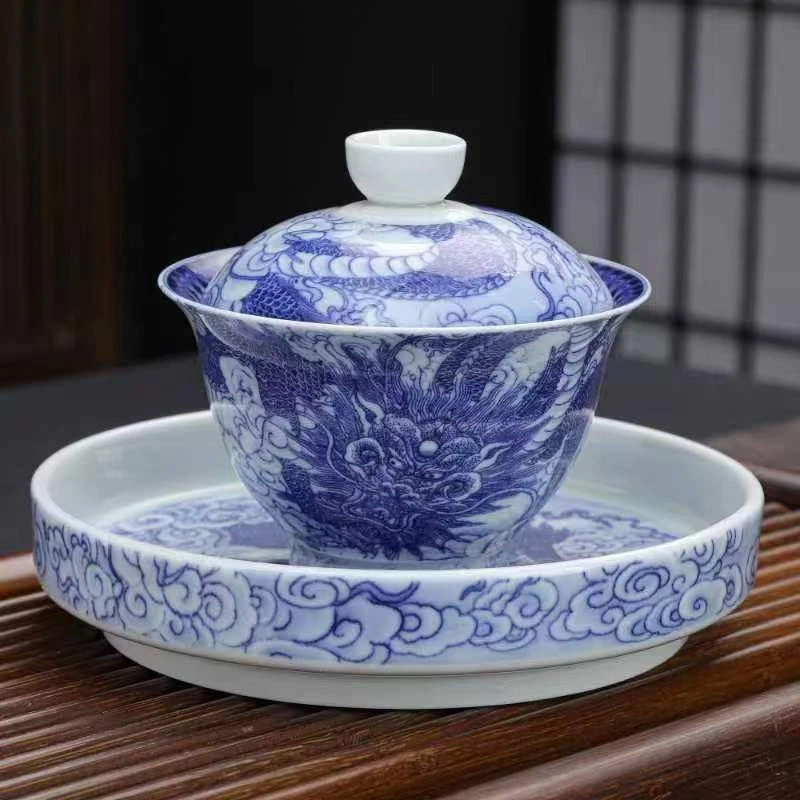 青花三才盖碗功夫茶具套装景德镇款陶瓷办公会客高档轻奢茶杯盖碗