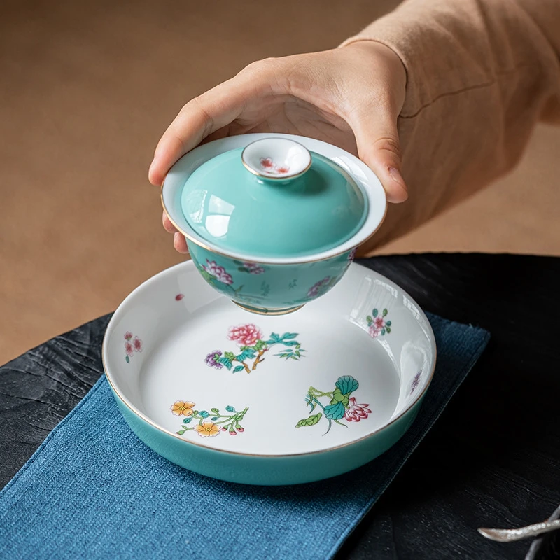景德镇珐琅彩小号盖碗壶承三才茶碗陶瓷女士茶具敬茶泡茶碗冲茶器