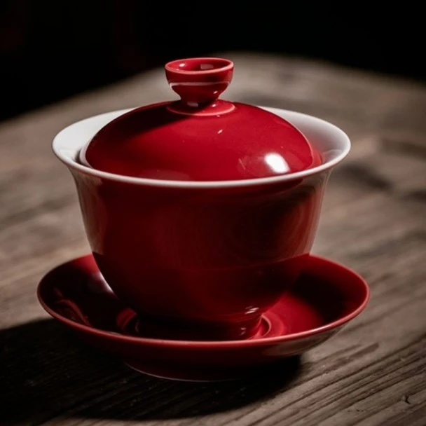 霁红瓷盖碗盖碗茶杯功夫茶个人泡茶陶瓷三才薄胎-播