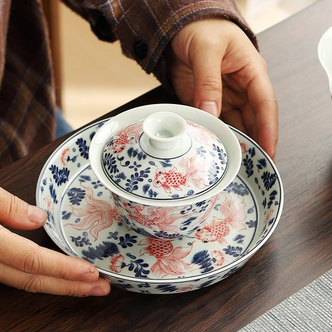 青花金鱼三才盖碗泡茶碗茶杯子过滤茶漏套组公道杯分茶器壶承茶具