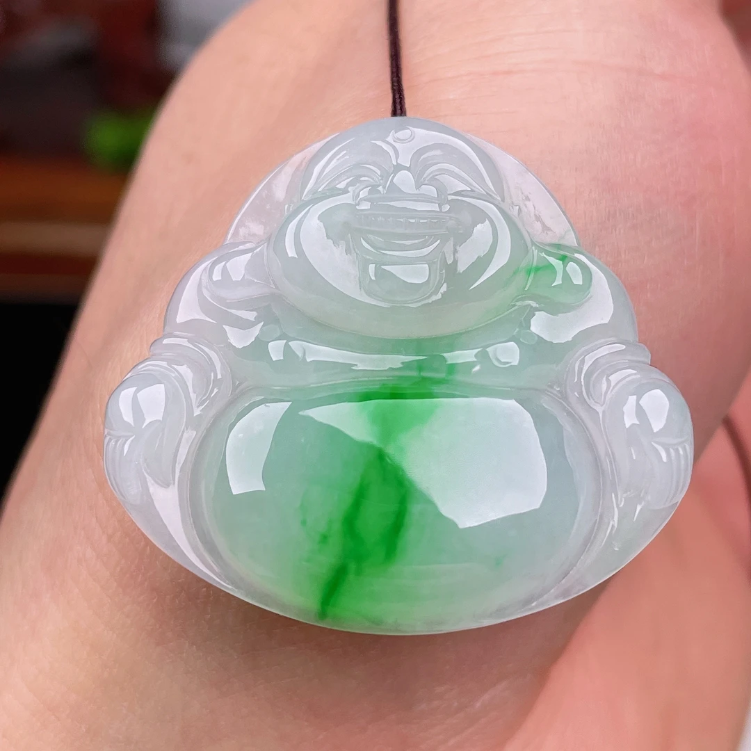 天然缅甸A货翡翠冰糯种飘正阳绿阿弥陀佛大肚笑佛佛公吊坠