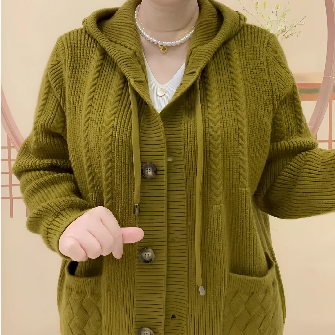 新款高档加厚妈妈秋装上衣高端连帽纽扣双兜开衫短款纯色针织外套