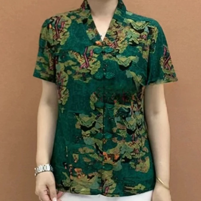 夏款女士宽松显瘦百搭T恤 2024新款妈妈超仙国风花色气质减龄小衫