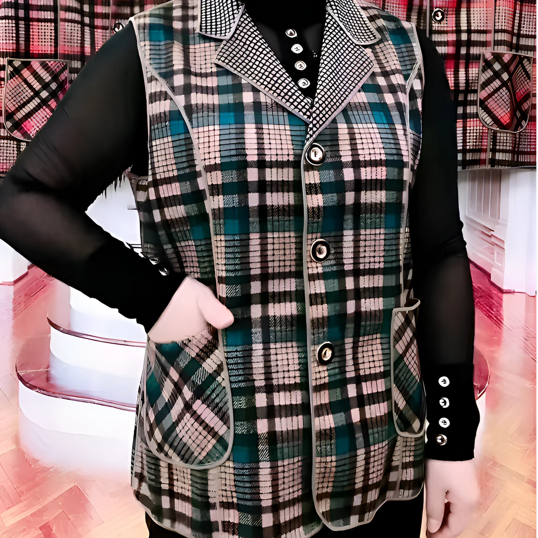 秋季新款中国风带兜薄款外穿上衣女洋气妈妈短款格子马甲无袖外套