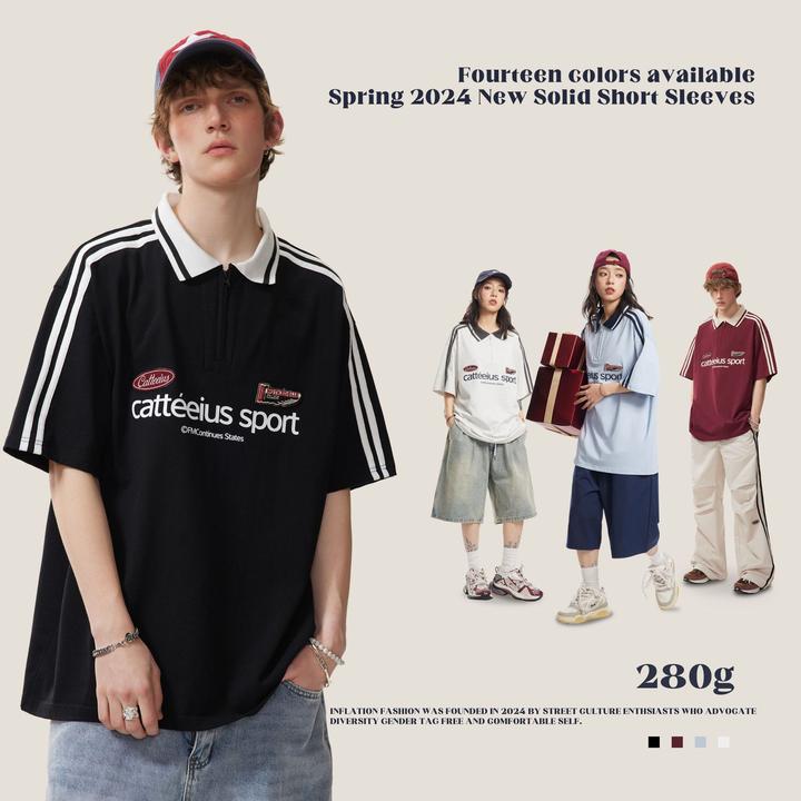 撞色POLO衫短袖宽松翻领T恤衬衫半袖百搭港风复古夏季学生POLO衫