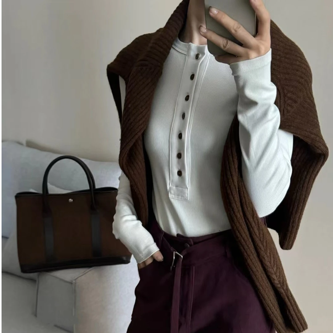 范范与凡凡【排扣T恤】纯欲风排扣长袖秋冬设计感修身显瘦打底衫