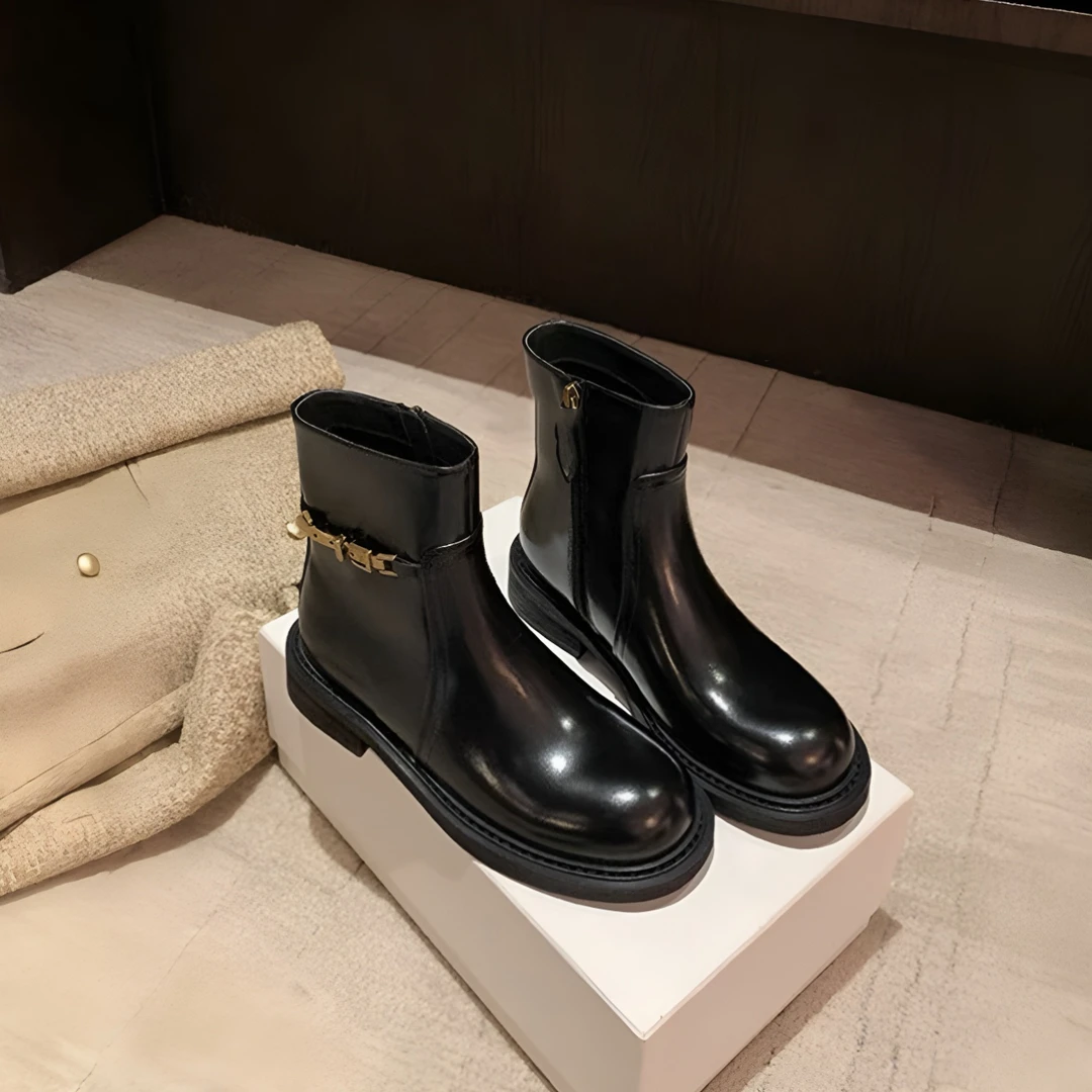 【苏茵茵同款】贵气靴~金扣侧拉链真皮加绒机车马丁短靴女瘦瘦靴女