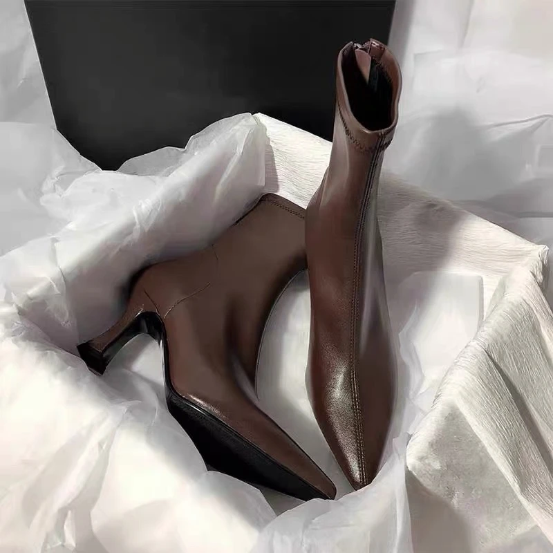 棕色短靴女高跟2025年秋冬新款细跟真皮气质裸靴子尖头弹力瘦瘦靴