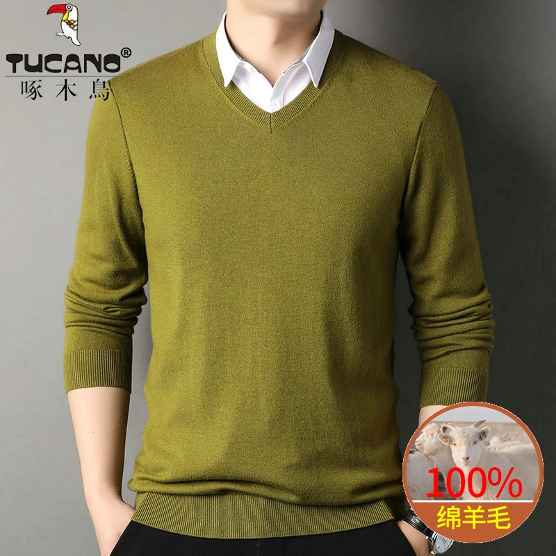 啄木鸟绵羊毛假两件男士鸡心领针织衫商务百搭v领毛衣保暖羊毛衫