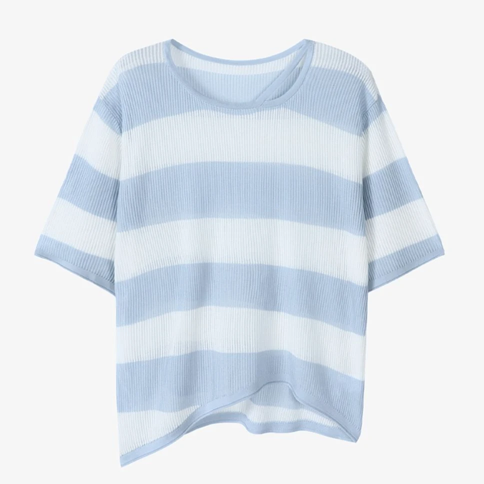 【大叔专属】天丝条纹不对称针织衫镂空短袖B0624A5E432