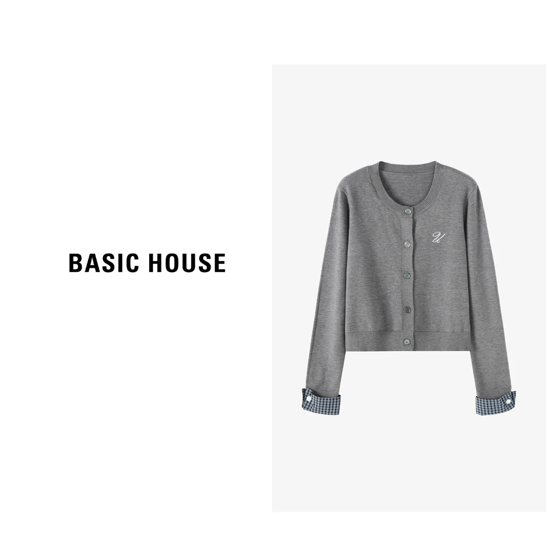 【芋总专属】翻边针织衫女开衫圆领格子拼接-B0624S5F892