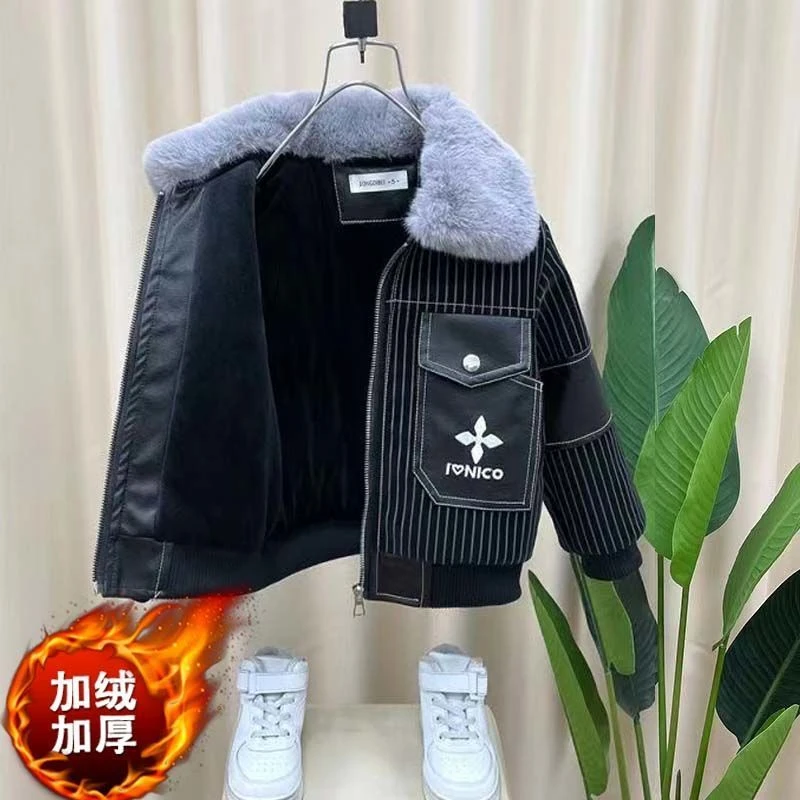 巴拉男童秋冬装加绒外套2023新款网红洋气宝宝儿童加厚保暖皮衣夹