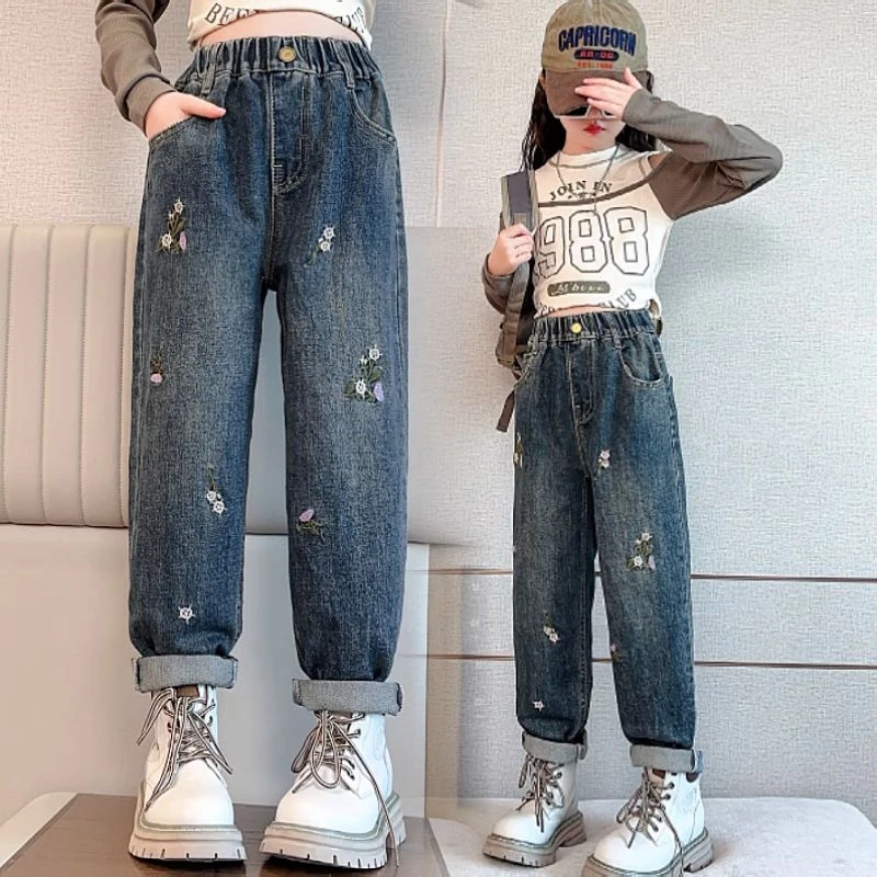 巴拉女童裤子秋季加绒加厚中大童一体绒牛仔宽松老爹裤外穿刺绣