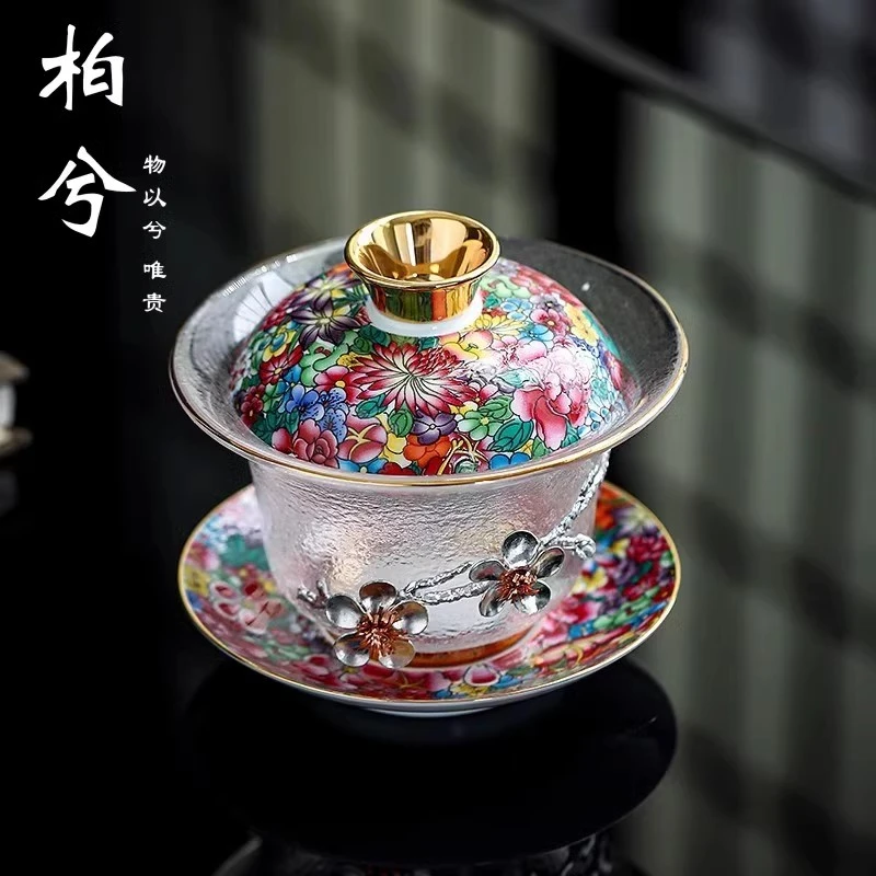 透明玻璃三才盖碗套装单个泡茶碗珐琅彩轻奢功夫茶具敬茶碗泡茶具