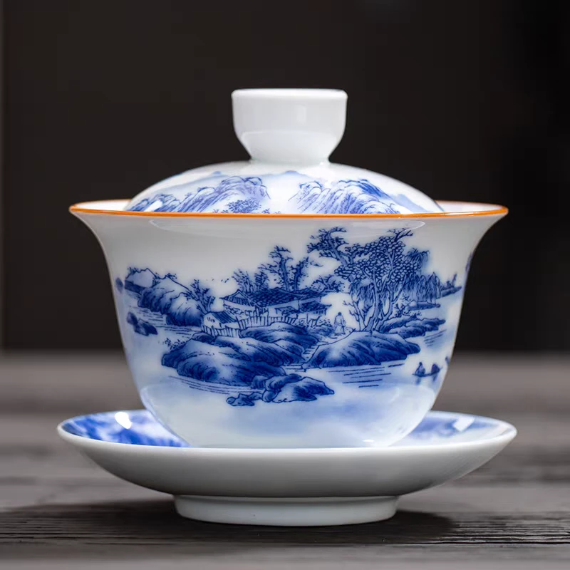 三才泡茶盖碗功夫单个茶碗带盖碗茶具大青花瓷