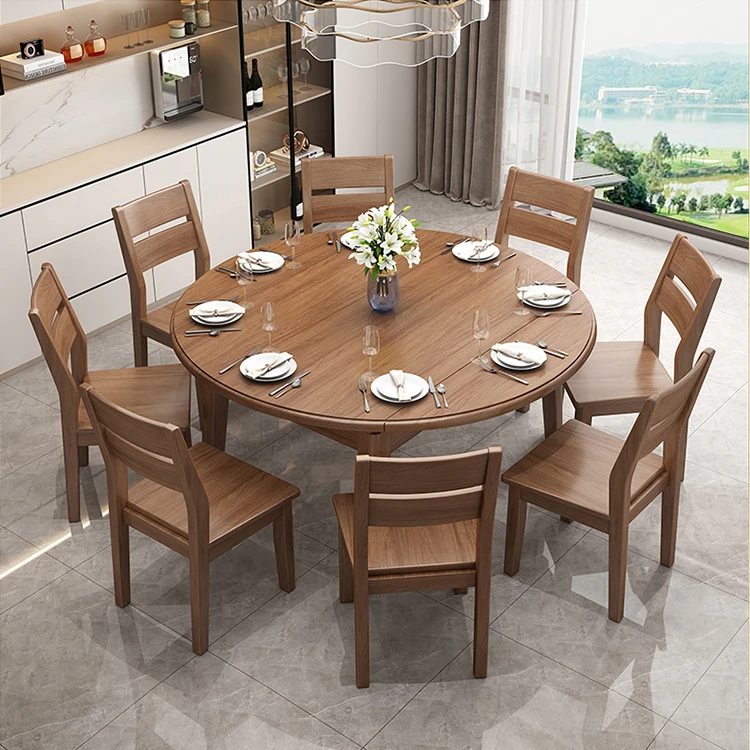 北美黑胡桃木餐桌家用实木小户型折叠圆桌现代简约圆形饭桌可变桌