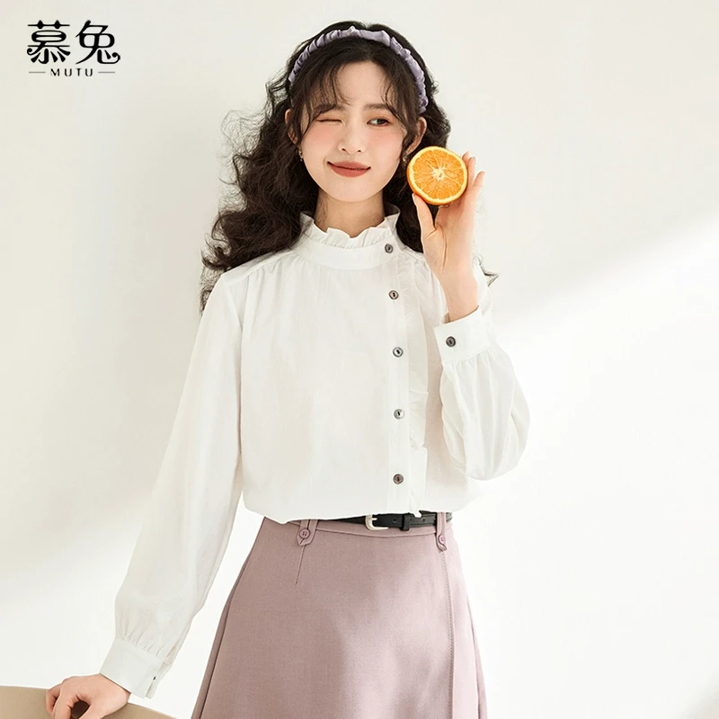 【粉丝专属】23658法式气质立领长袖衬衫女独特设计感小众白色上衣