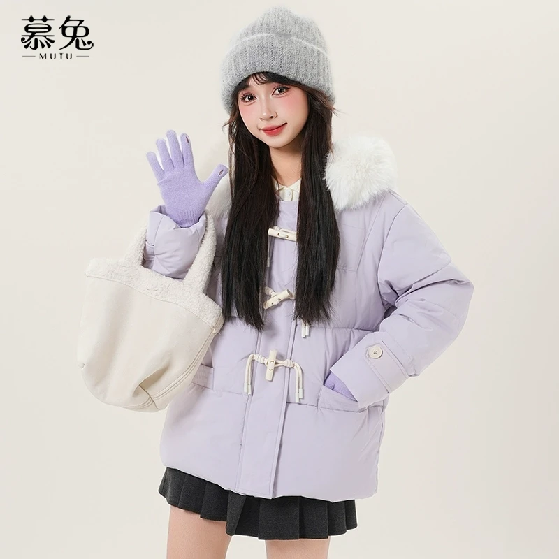 慕兔韩系牛角扣连帽棉衣短外套女2024冬季新款小个子加厚面包服