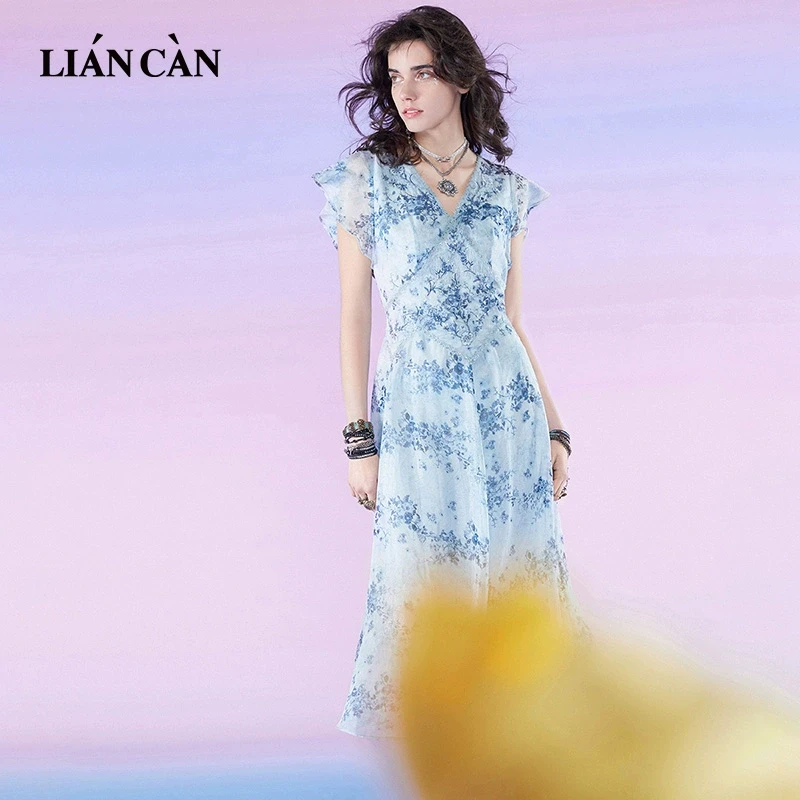 莲灿2025夏季新商场同款波西米亚风绣花落花雪纺连衣裙71EO224039
