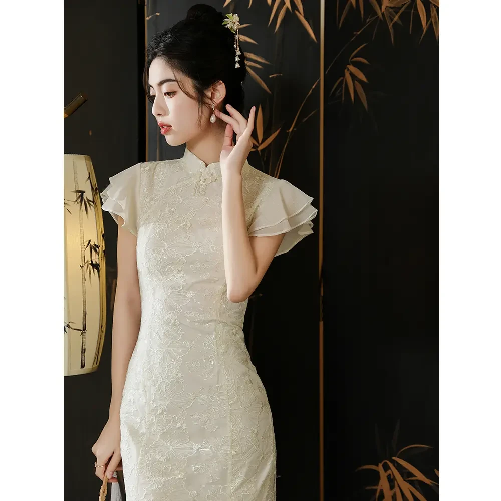 C298夏新中式清冷感优雅气质改良旗袍连衣裙飞飞袖轻奢蕾丝鱼尾裙