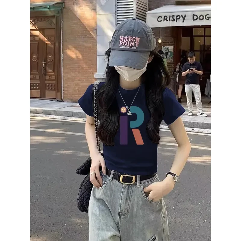 韩系拉领修身正肩藏青色短袖t恤女2025夏休闲显瘦百搭设计感上衣