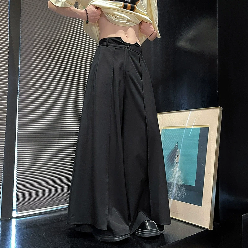 新中式国风明制宋裤男士宽松垂感拖地长裤古风汉服拼接假两件裙裤