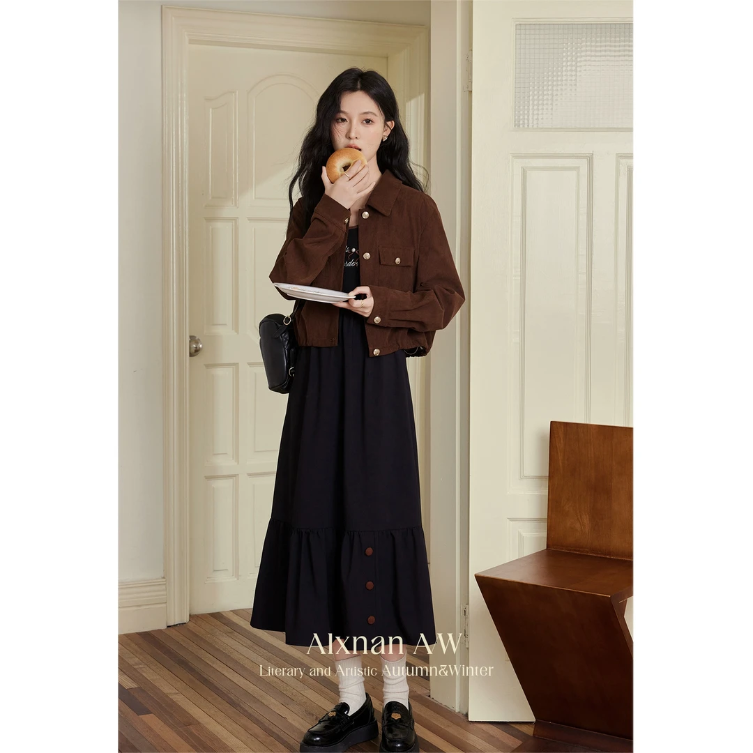 【粉丝福利】鹿向南「巧克力布朗尼」黑色减龄背心裙女2024秋冬L50778