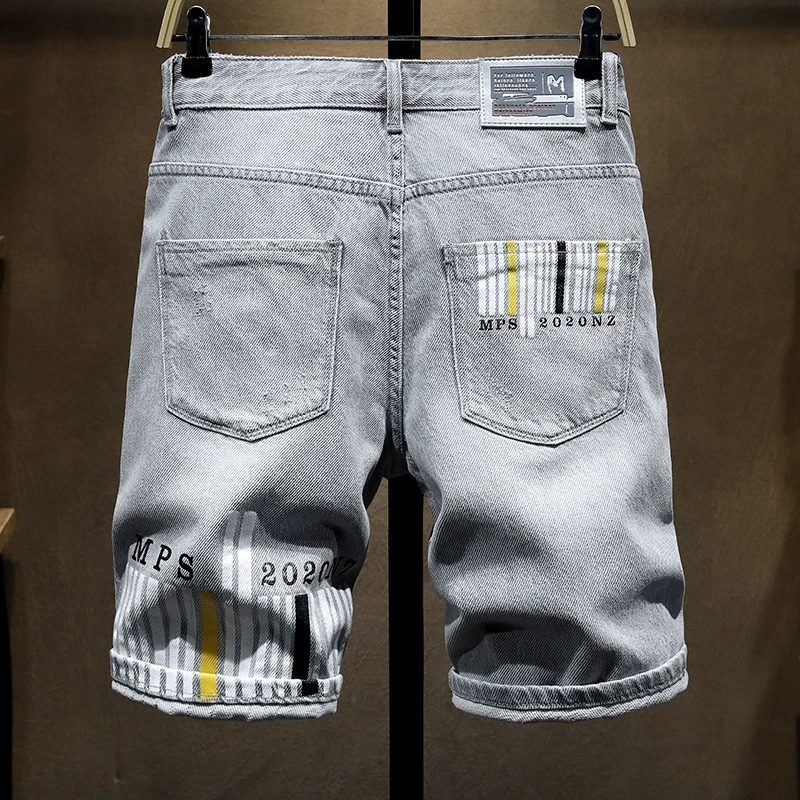 2025夏季薄款牛仔短裤男生破洞贴布印花中裤潮流修身小脚五分裤子
