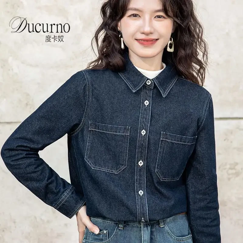深蓝色复古牛仔衬衫女装叠穿内搭秋季外套衬衣新款小个子港风上衣