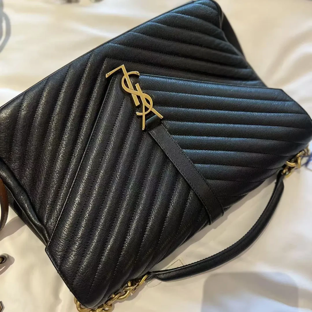 95新 YSL/圣罗兰 黑金V纹邮差单肩包