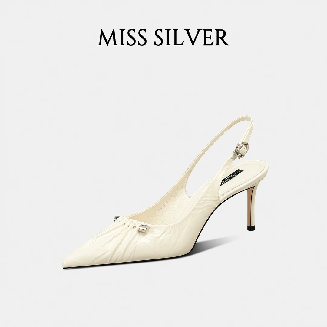 MISSSILVER真皮褶皱高跟凉鞋女2024春夏新款轻奢尖头细跟包头凉鞋
