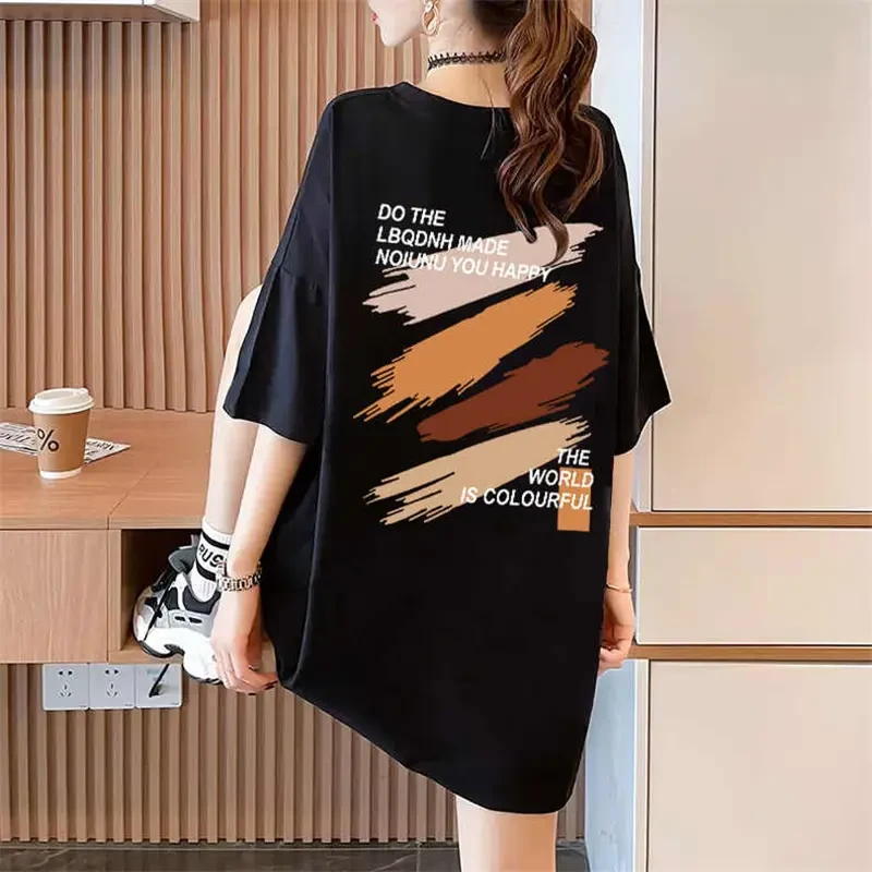 大码胖mm遮肚纯棉短袖t恤女慵懒风2025新款夏季宽松黑色半袖上衣