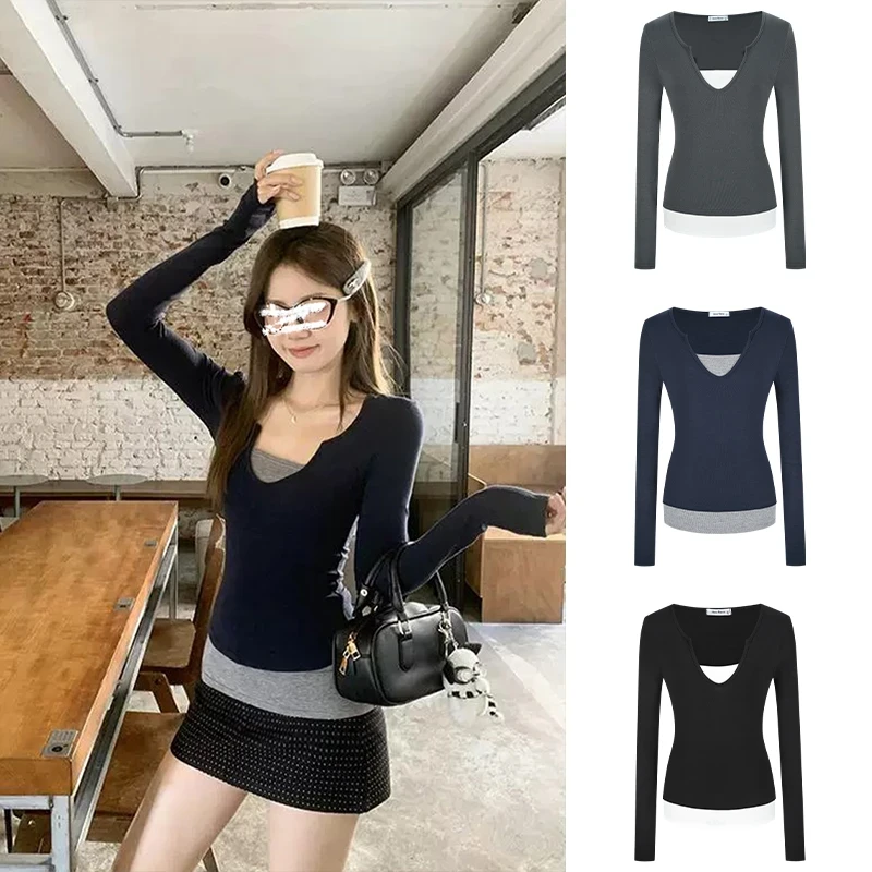 美式复古假两件长袖T恤拼接撞色辣妹上衣设计感百搭修身显瘦小众