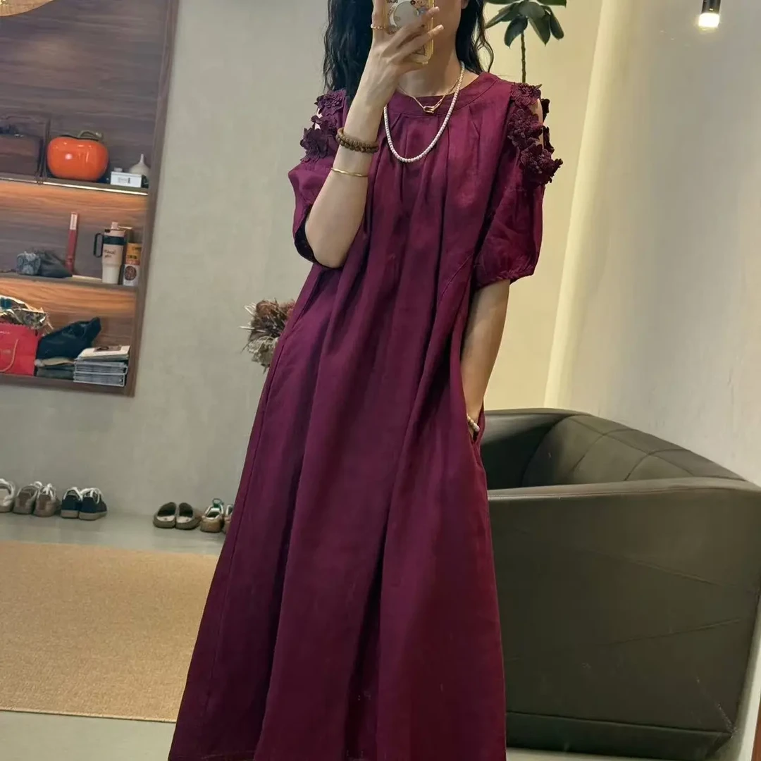 21856-夏季宽松版A型露肩绣花透气气质显瘦长款亚麻连衣裙