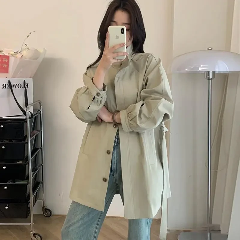 韩系卡其色中长款风衣外套女2025秋季新款休闲小个子高级感大衣