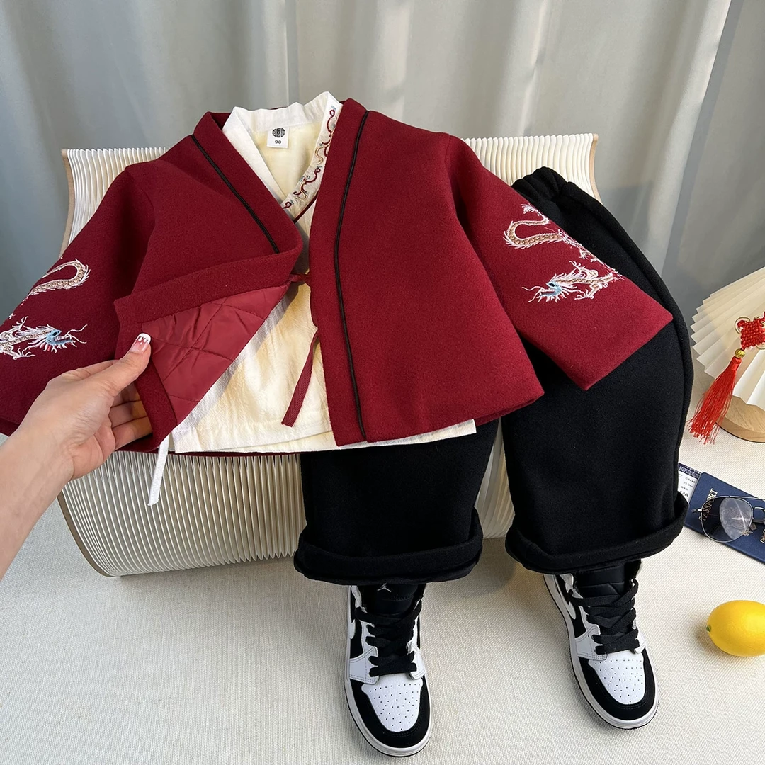 儿童汉服套装冬款男女童新中式国风三件套宝宝过年喜庆唐装拜年服