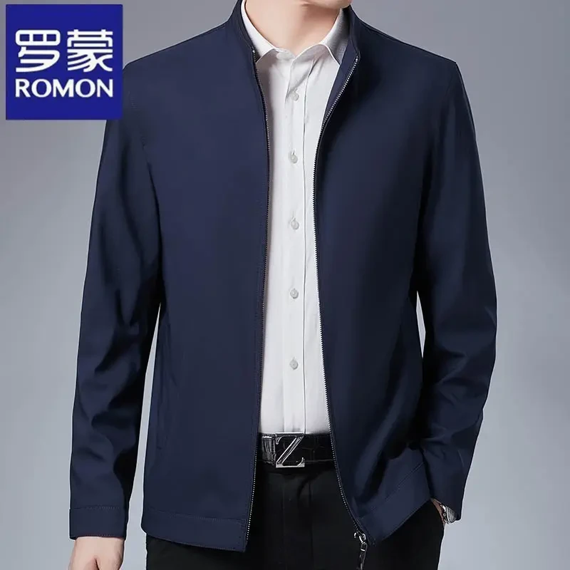 罗蒙春秋季新款男士中年休闲夹克时尚立领纯色宽松薄款外套潮