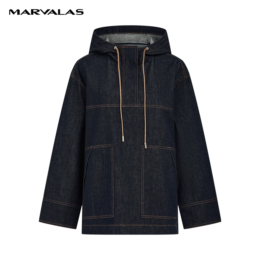 【商场同款】曼德诗牛仔外套2024春装新款连帽全棉复古长袖上衣女