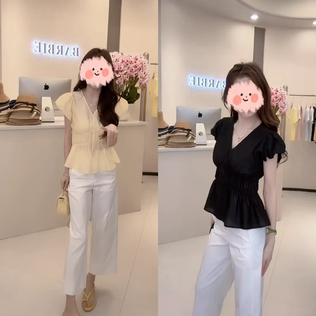 2025夏季韩版纯色褶皱收腰V领小衫直筒阔腿高腰休闲裤减龄两套装