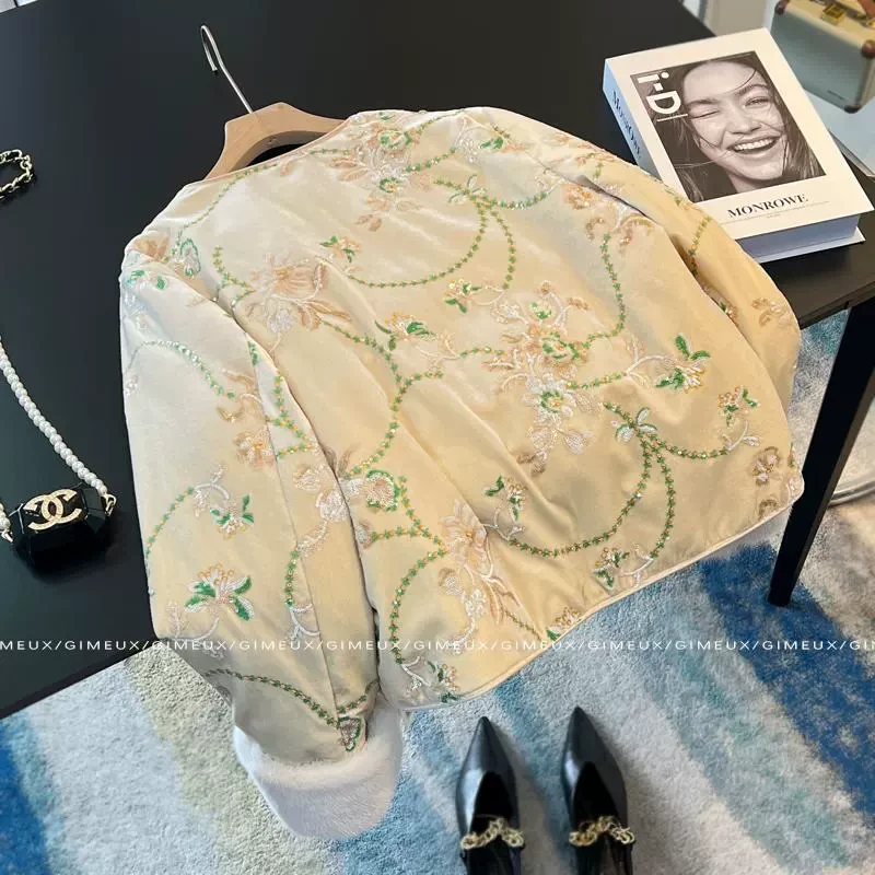 丝绒国风加厚外套女2025冬款高级感新中式时尚重工亮片毛袖口上衣