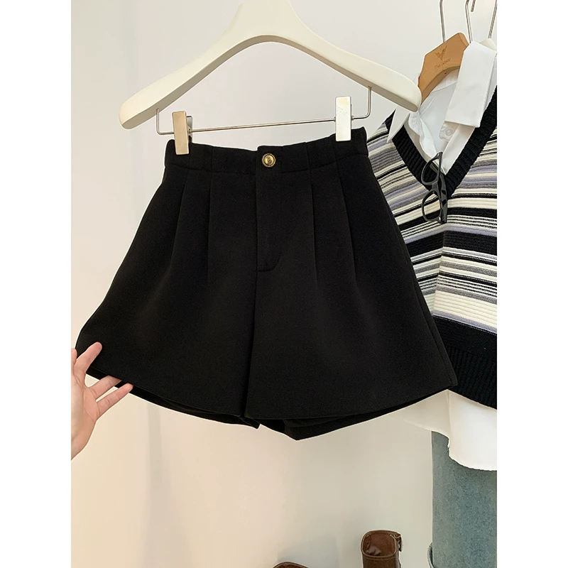 高腰阔腿a字灰色毛呢短裤女2025秋季新款后松紧腰高级宽松休闲裤