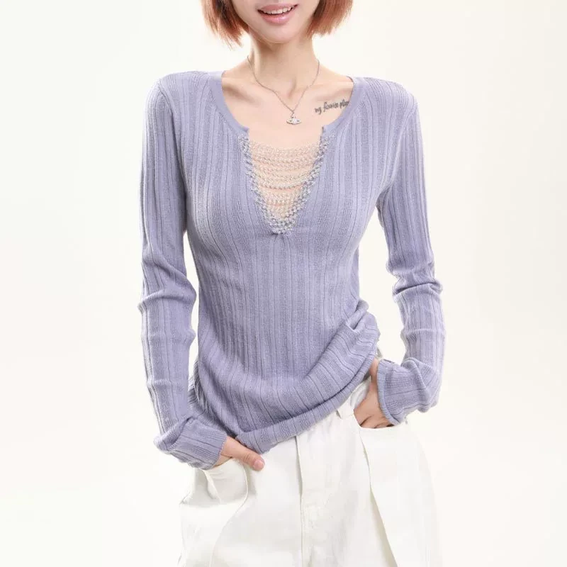韩版设计感串珠长袖针织衫上衣女2025年春季新款纯色V领修身毛衣