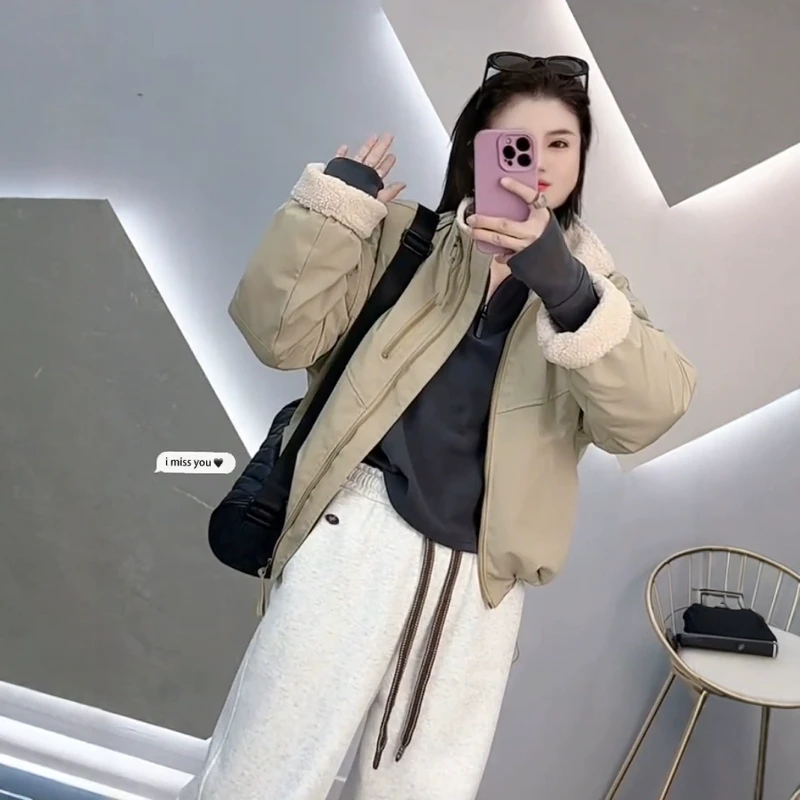 小个子双拉链加厚毛毛短外套女2025春季新款时尚百搭冲锋衣棉服