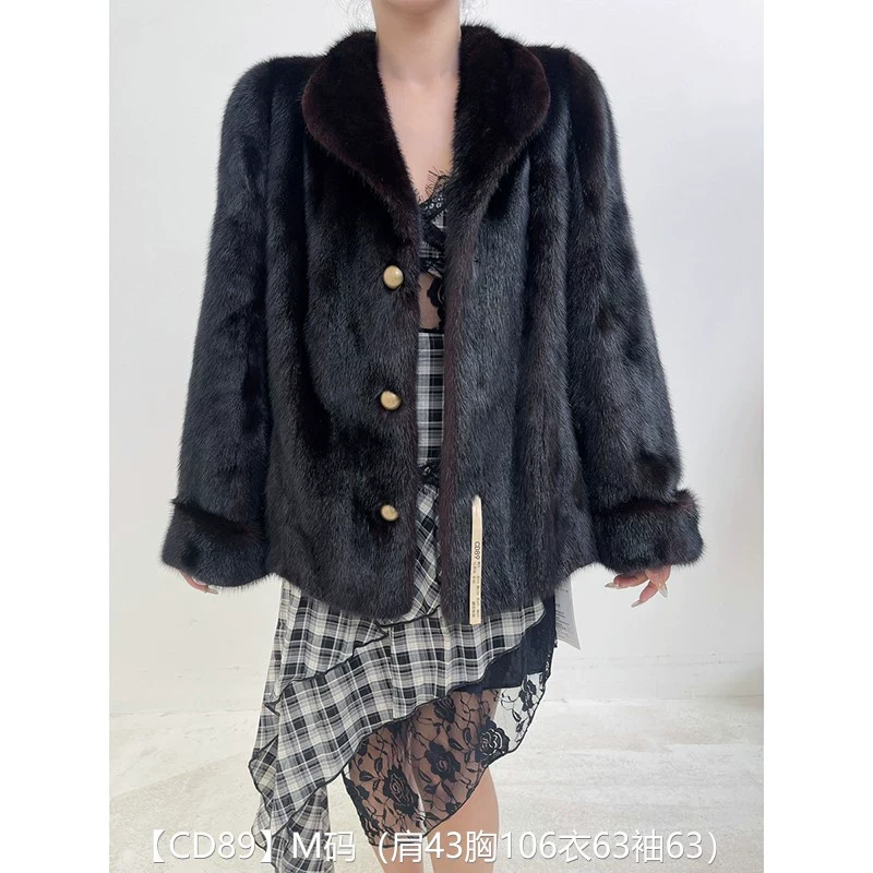 【CD89】M码 红黑色全抽短款貂皮大衣皮草外套 翻领挽袖