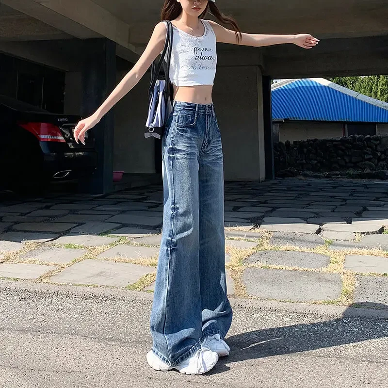 高个子加长美式复古微喇直筒牛仔裤女2025春秋季新款拖地阔腿长裤