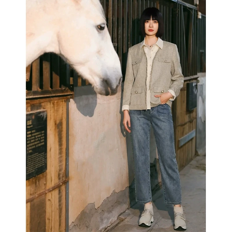 【檬】纯棉百搭显瘦经典款牛仔裤2025春季新款专柜撤柜女装