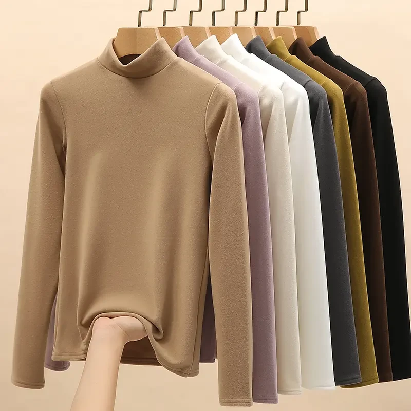 德绒半高领打底衫女内搭秋冬季新款加绒加厚中领保暖白色纯色上衣