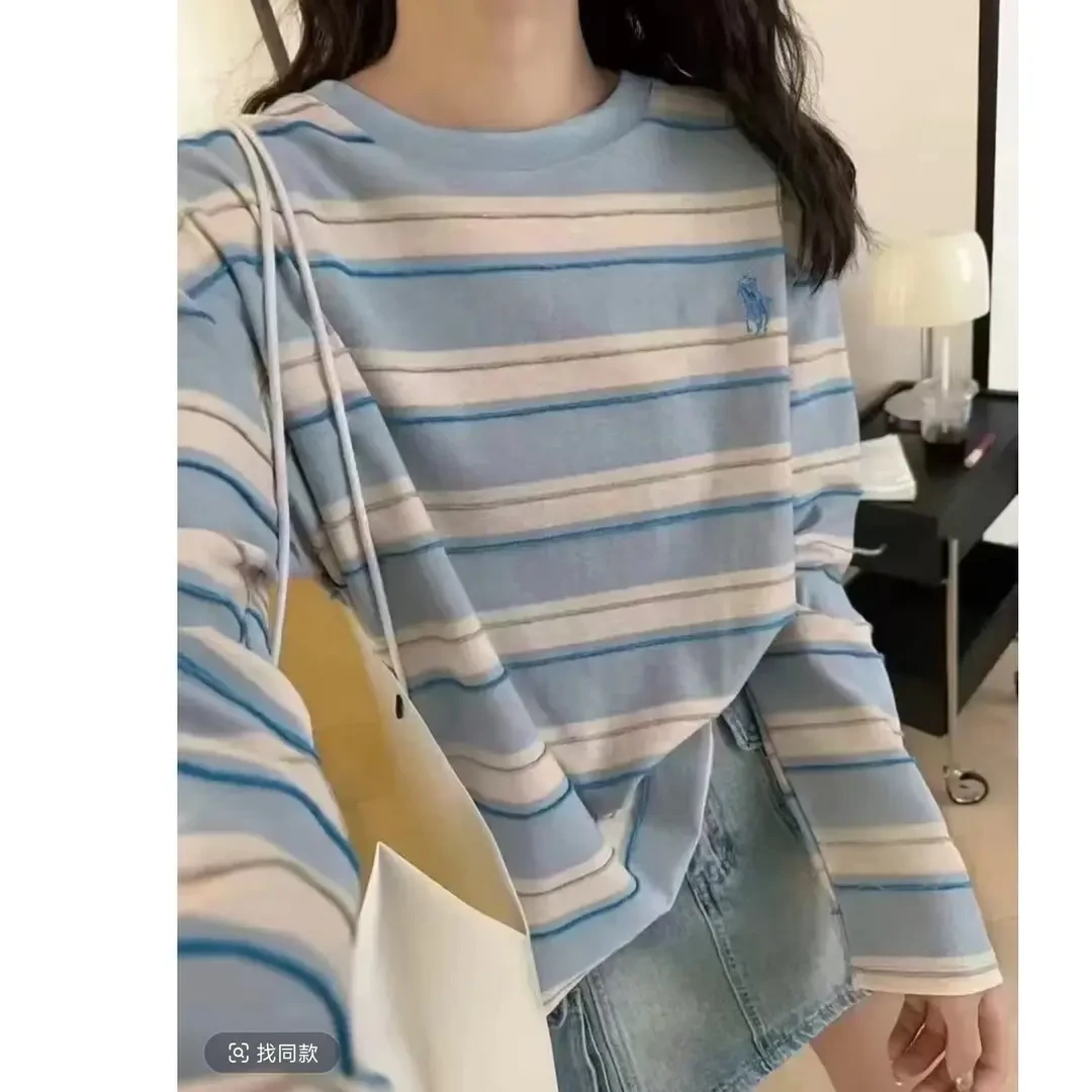 韩版时尚撞色条纹宽松显瘦长袖T恤女性百搭棉质新潮圆领衫2024春