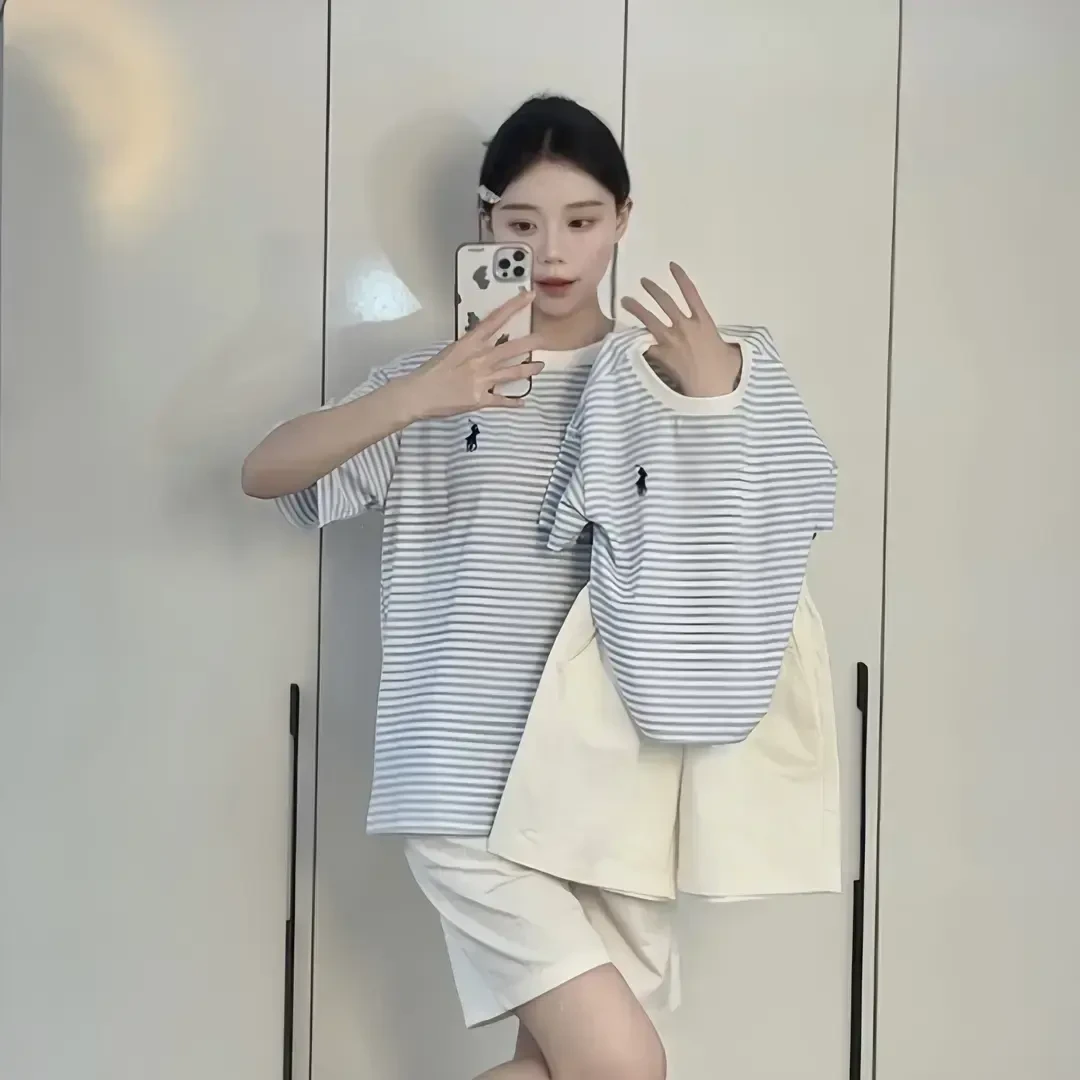 [亲子装]2025儿童夏季韩版短袖百搭蓝色条纹T恤时尚上衣男童薄款