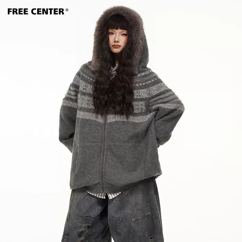 ['双11好物']FREECENTER费尔岛毛衣男女可拆毛领复古针织开衫外套